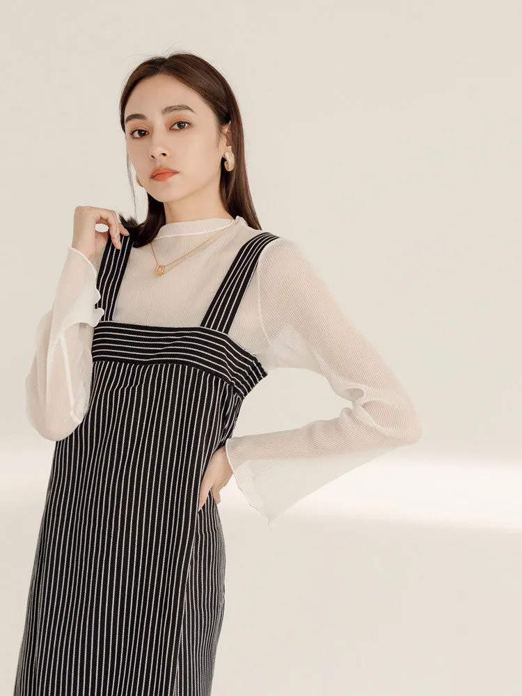 Striped Cotton Long Strap Wide Leg Jumpsuit Pants