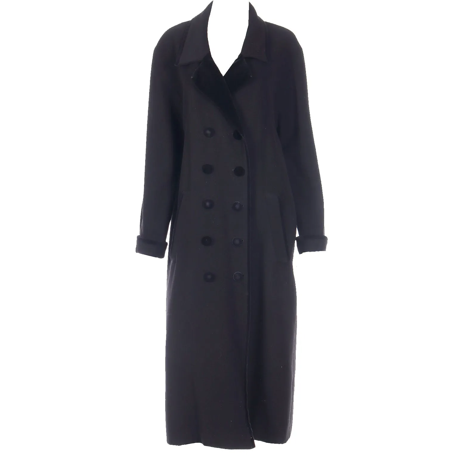 Vintage Black Wool Coat With Black Velvet Trim