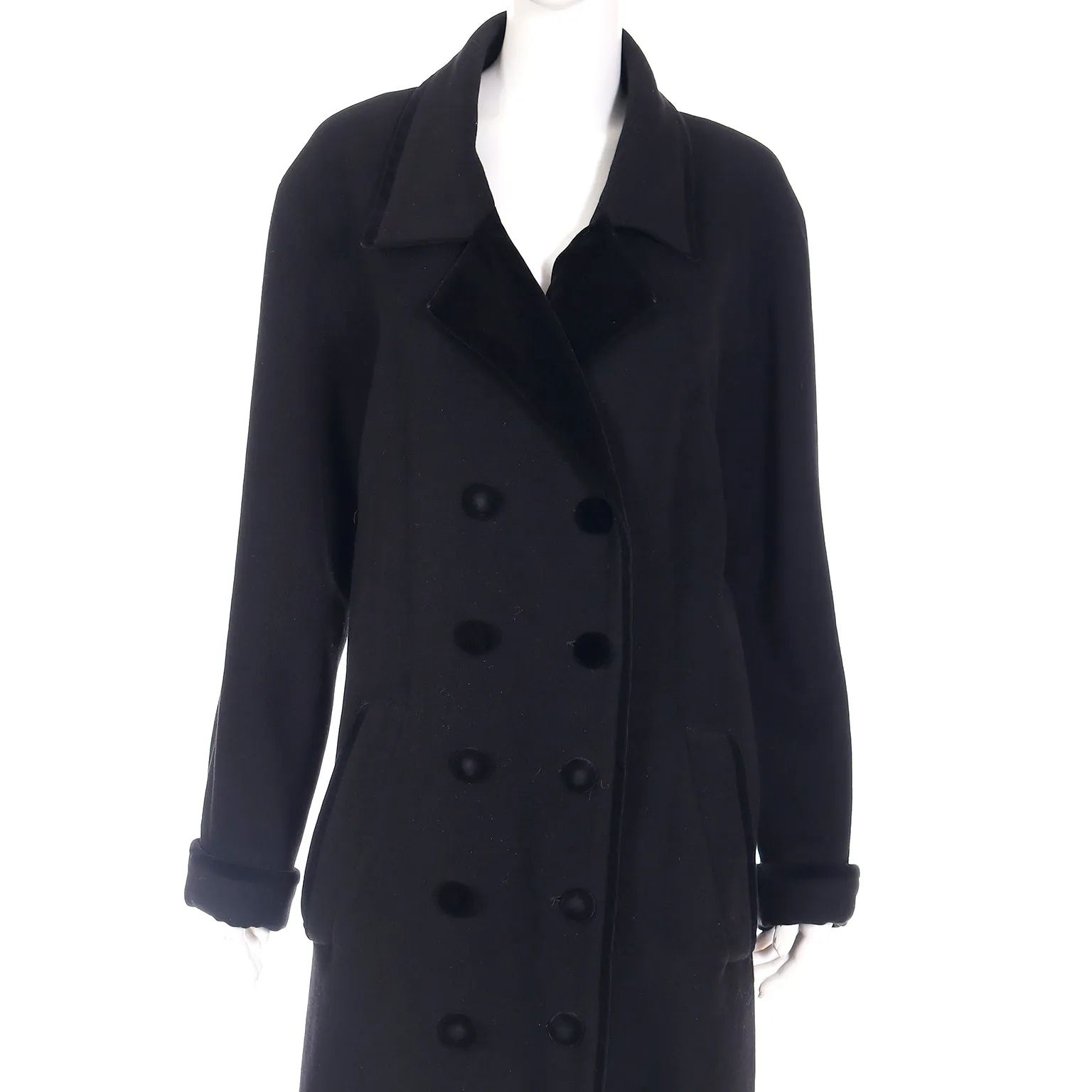 Vintage Black Wool Coat With Black Velvet Trim