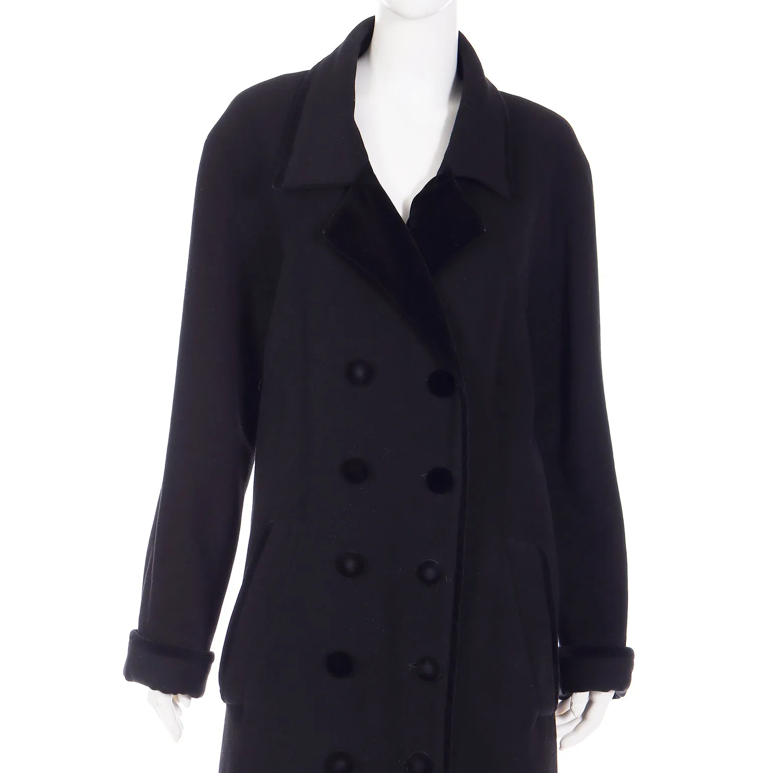 Vintage Black Wool Coat With Black Velvet Trim