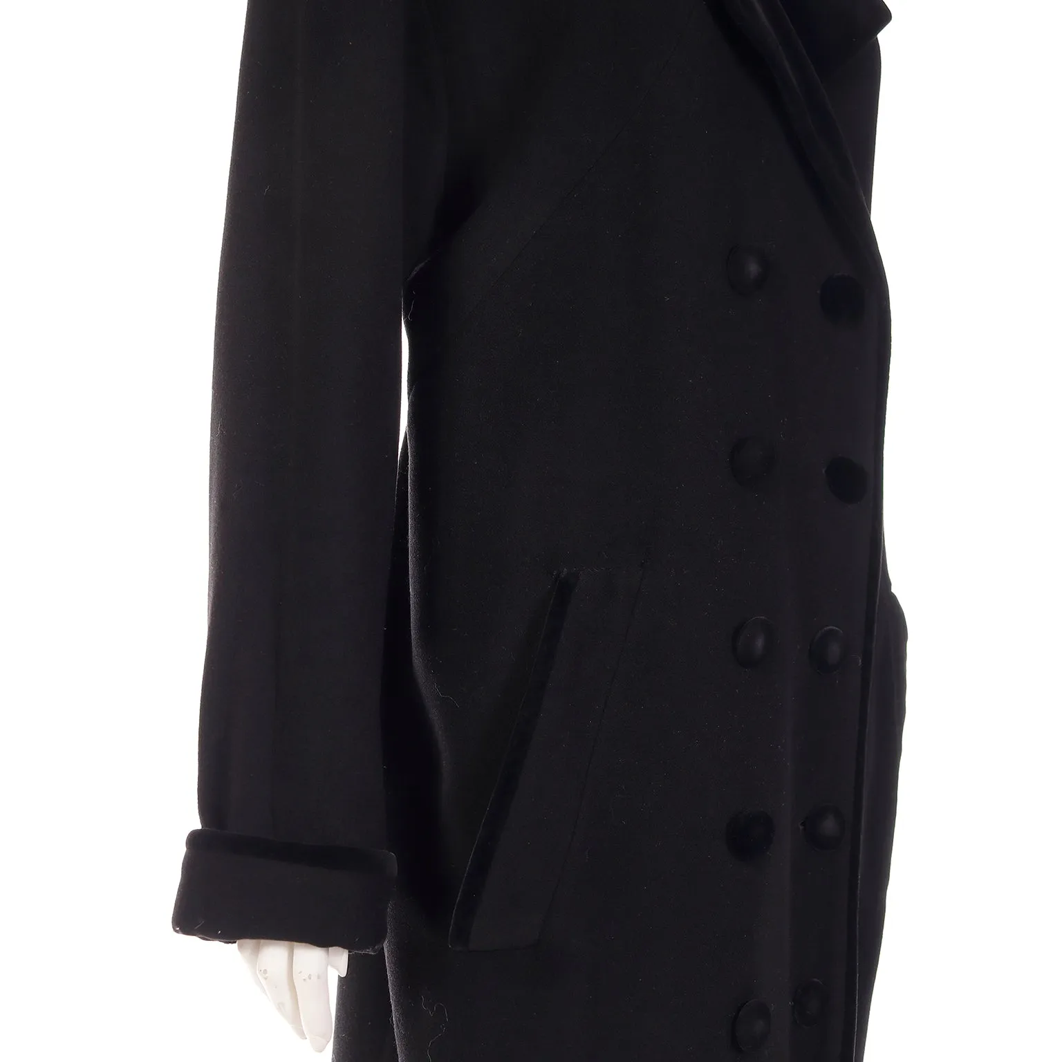 Vintage Black Wool Coat With Black Velvet Trim