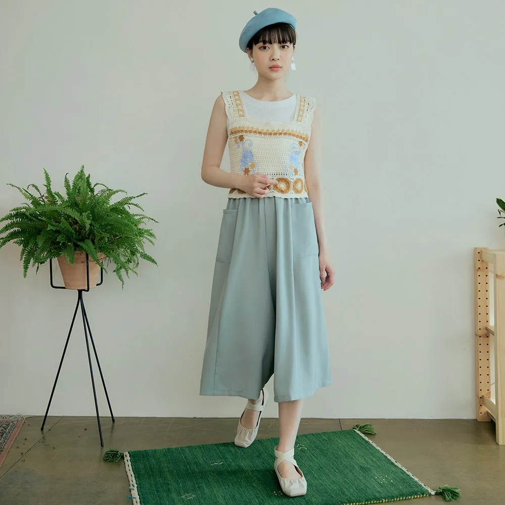 Wrinkle Free Wide Leg Elastic Waist Culottes Long Pants Trousers