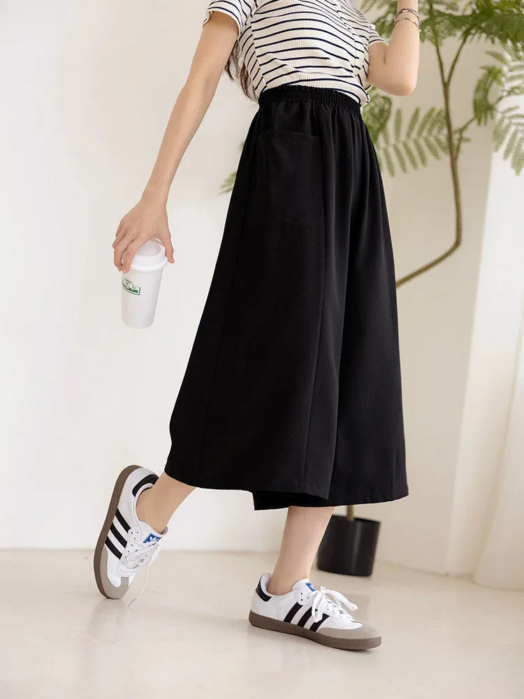 Wrinkle Free Wide Leg Elastic Waist Culottes Long Pants Trousers